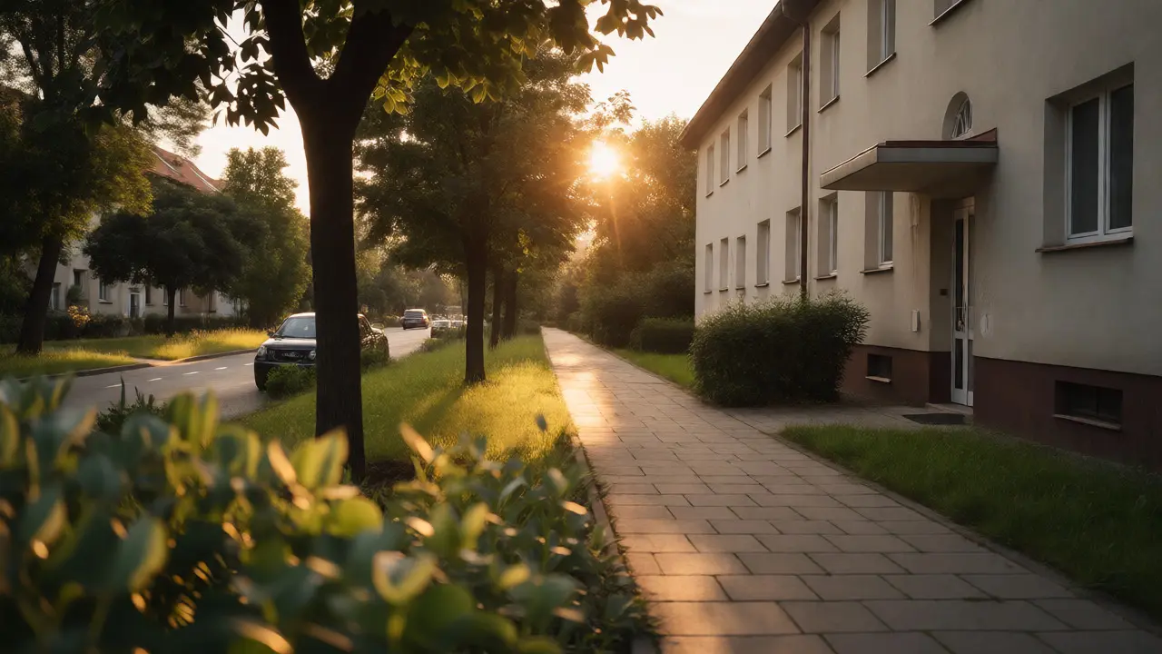 Vzhled budovy studia v klidné čtvrti Stodůlky za slunečního světla