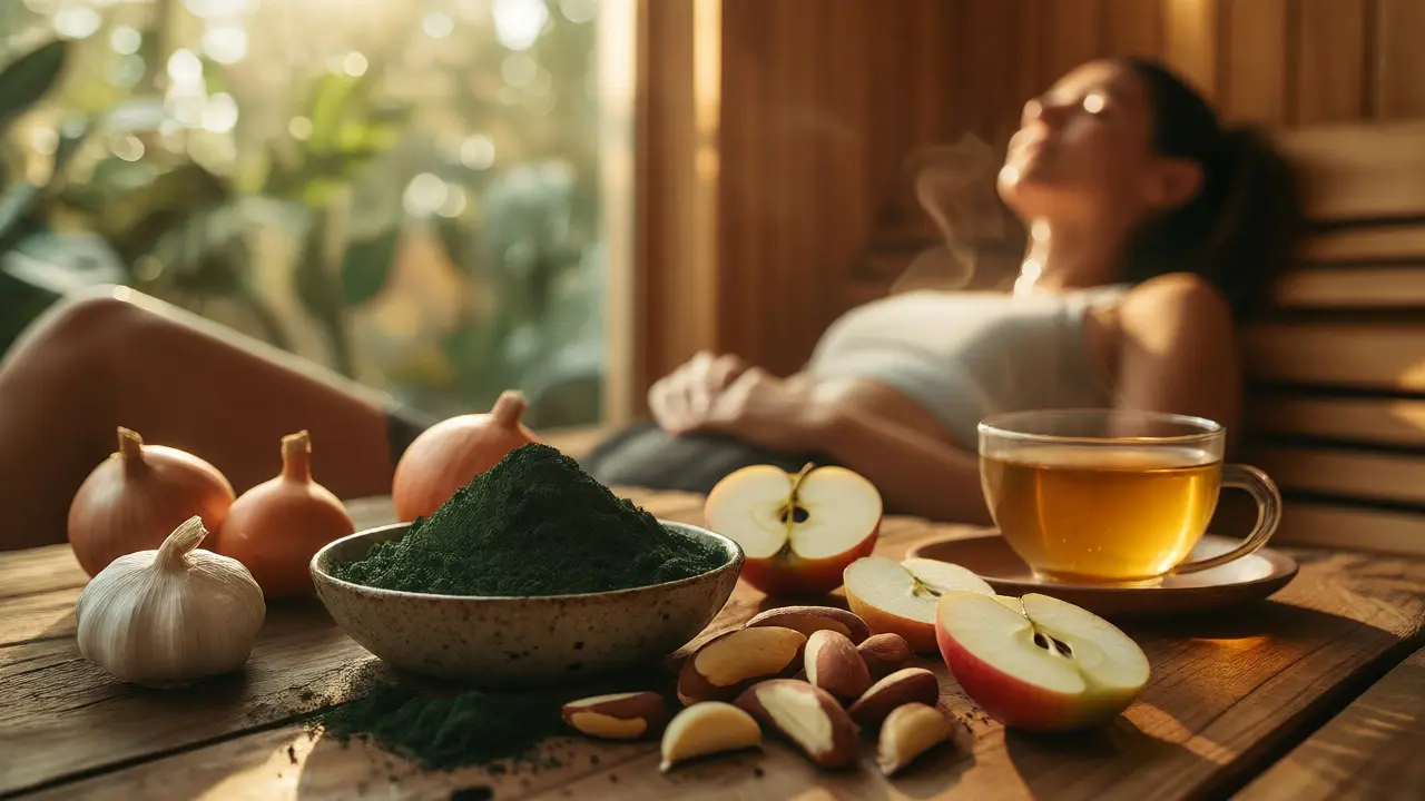Zdravé potraviny pro detoxikaci na dřevěném stole v přirozeném světle