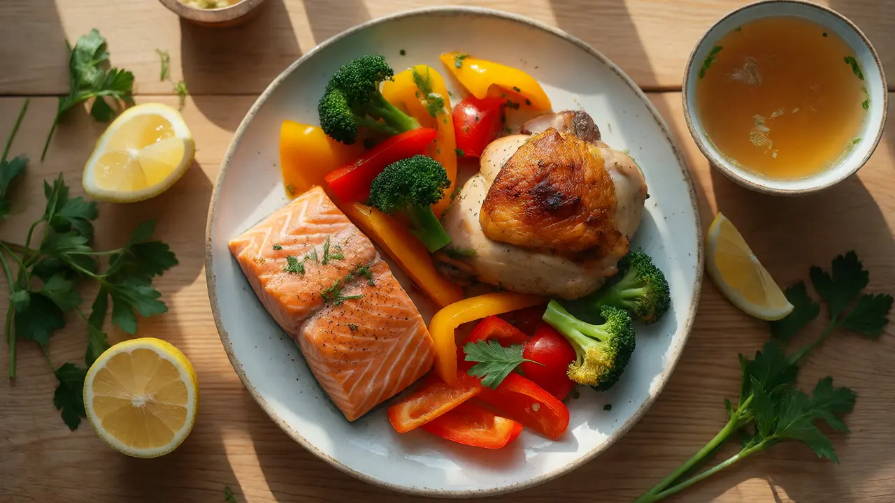 Zdravý talíř s lososem, kuřecím masem a zeleninou bohatou na vitamín C