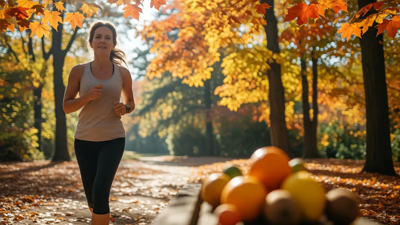 Žena běhá v parku s citrusy naznačujícími vitamín C