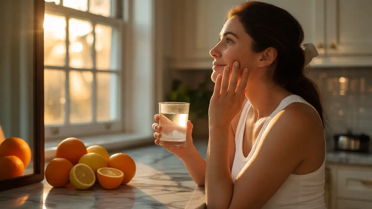 Žena užívající rybí kolagen s vitamínem C pro péči o pleť a vlasy