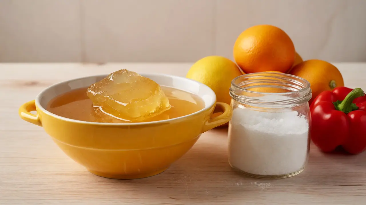 Ztuhlý kostní vývar s želatinou a čerstvým ovocem bohatým na vitamín C